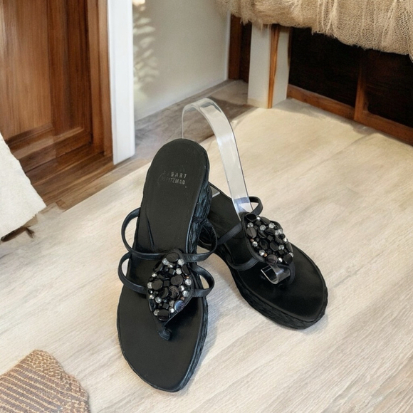 Stuart Weitzman black espadrille jewelled leather strappy sandal Size 7.5 - Picture 6 of 12